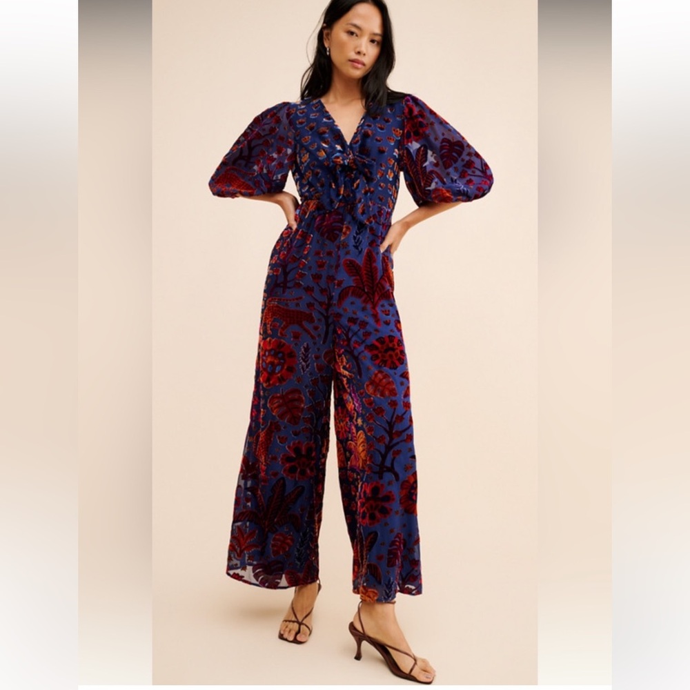 FARM Rio Jacquard Velvet Blue & Red Floral Wide-Leg Jumpsuit WOMEN Size S USED